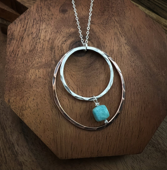 Sterling silver and copper forged hoop necklace with amazonite