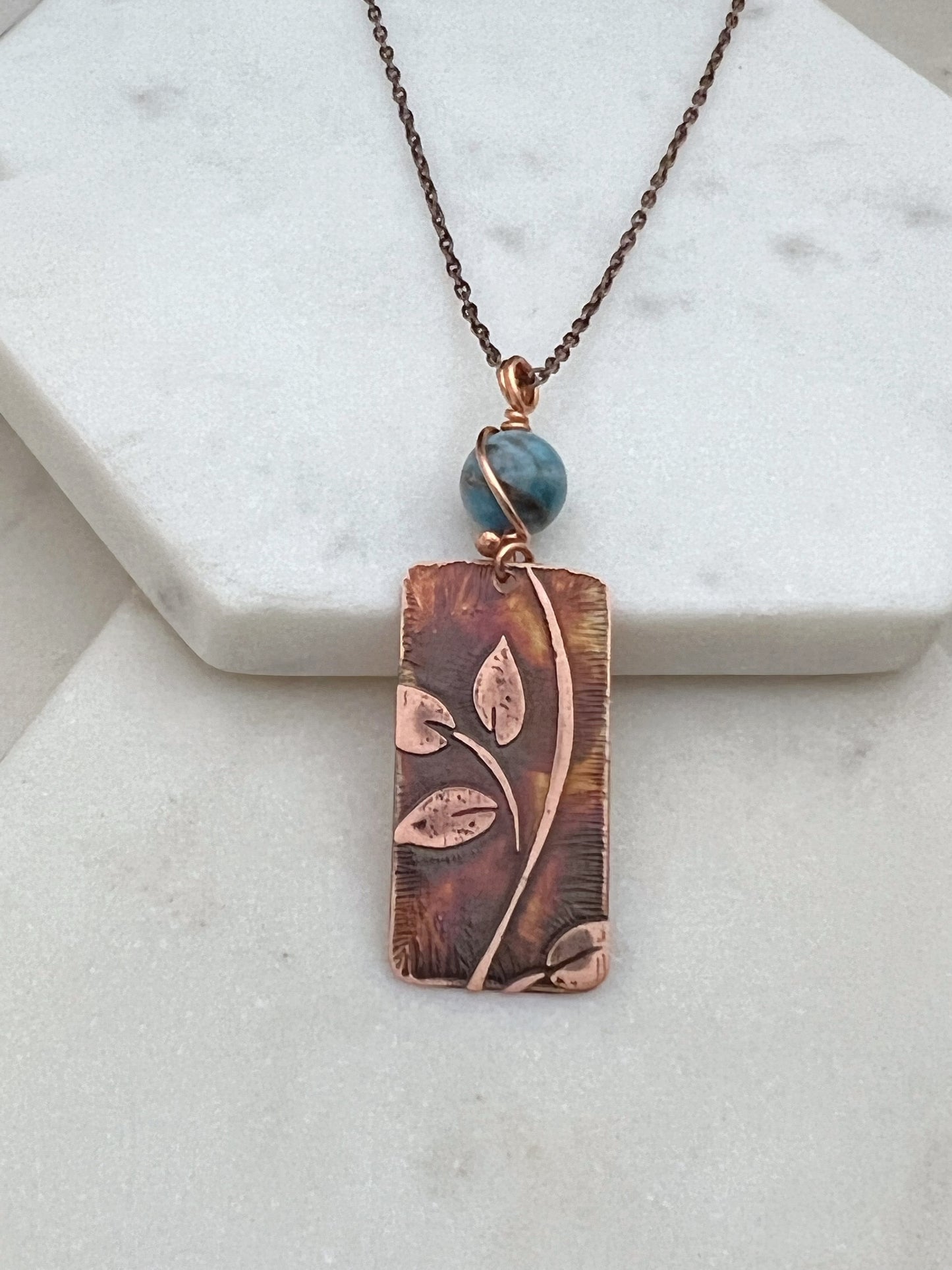 Acid etched copper leaf necklace with apatite gemstone