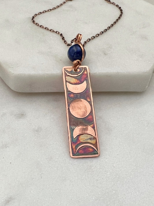 Moon phase acid etched copper necklace with lapis gemstone