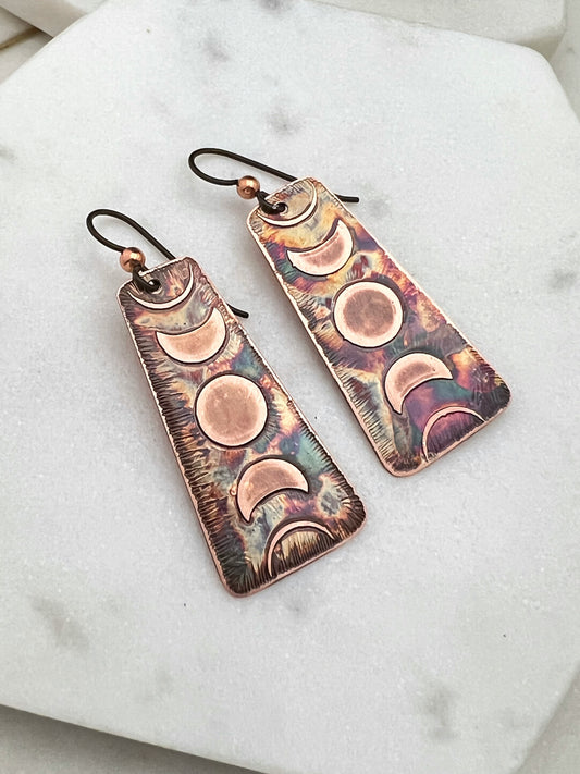 Acid etched copper moon phase earrings