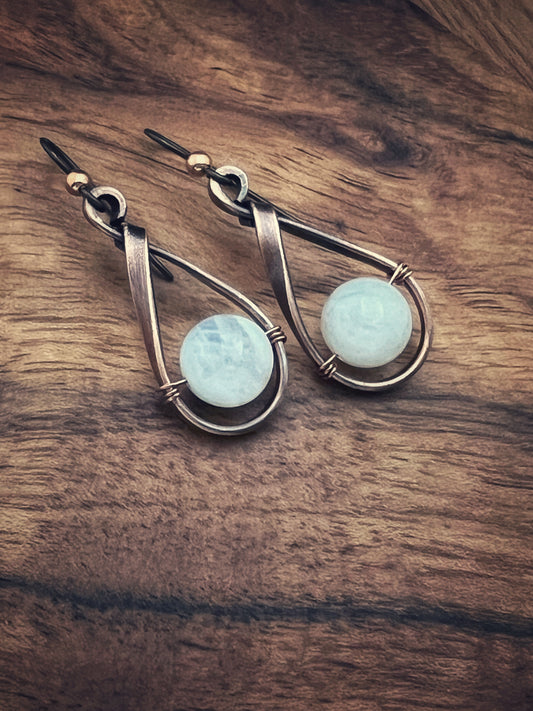 Copper teardrop hoops with moonstone