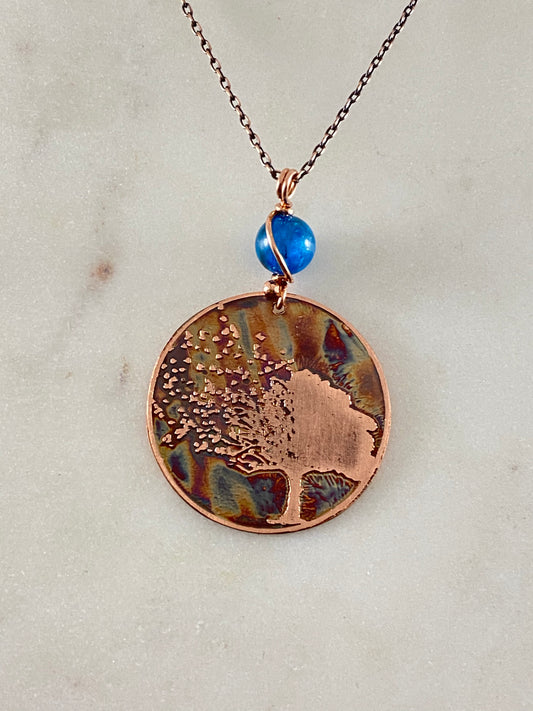 Acid etched copper tree necklace with apatite