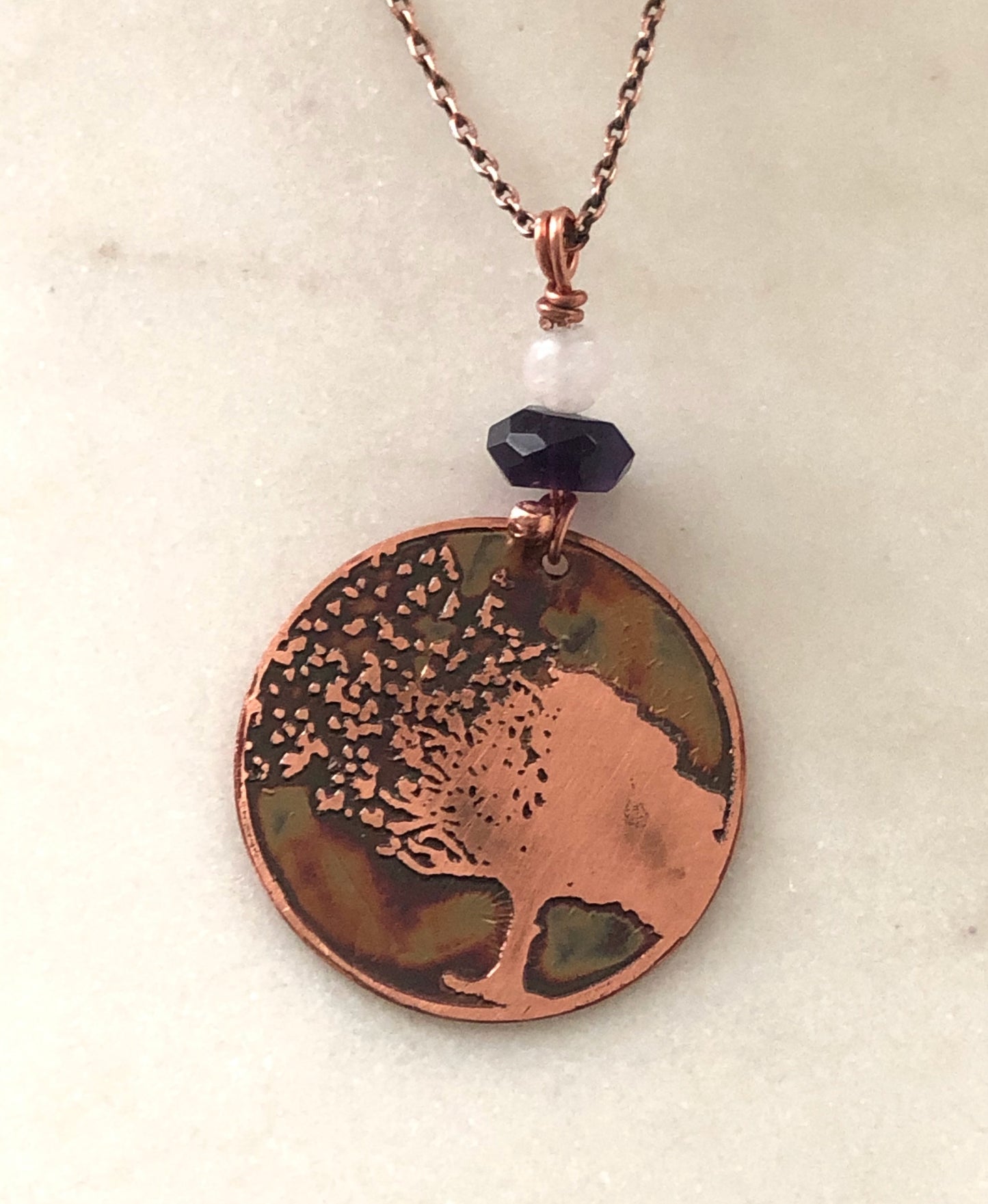 Acid etched copper blowing tree necklace with amethyst and moonstone